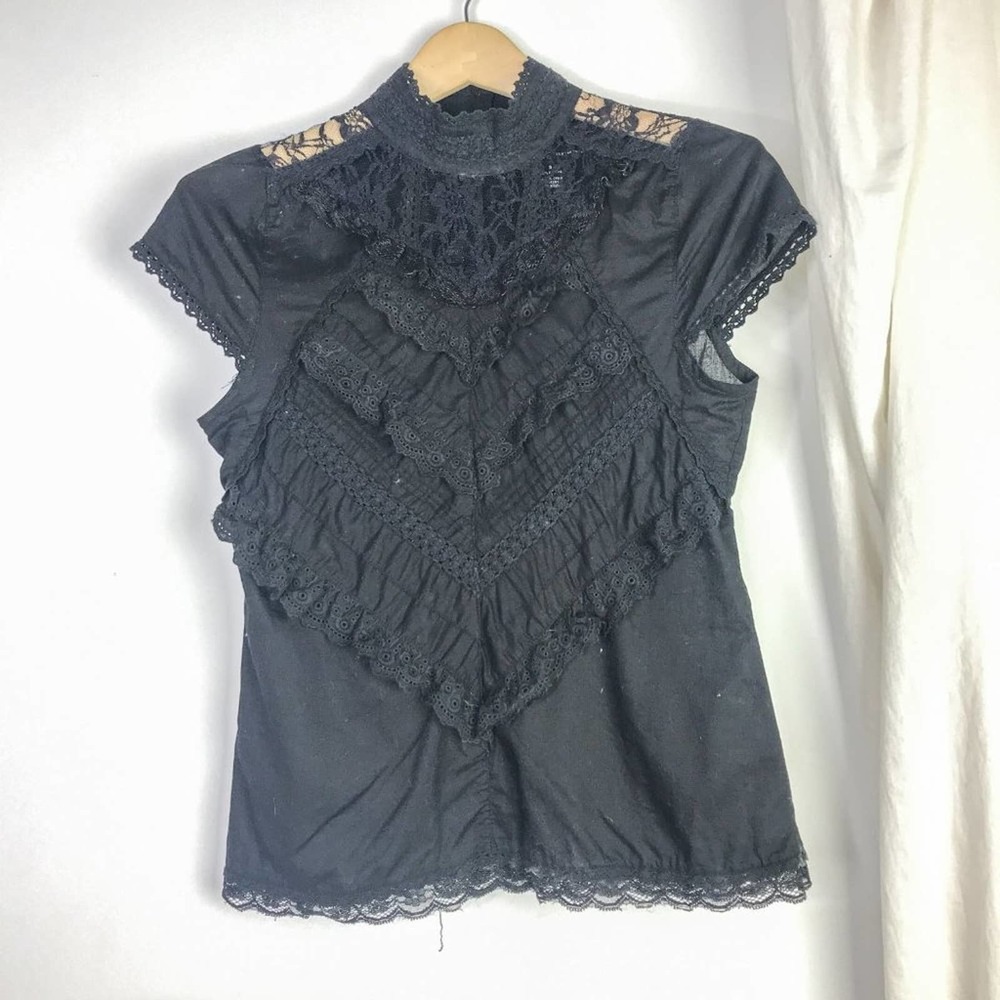 Hale Bob Black Ruffle Lace Mock Neck Victorian Top
